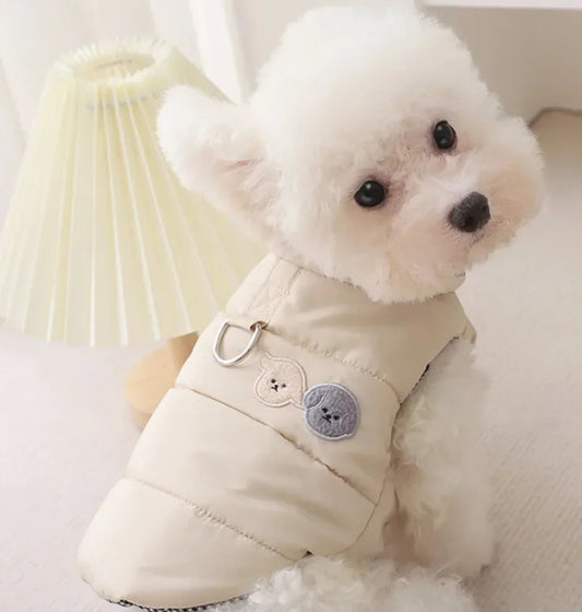 Small dog wearing a beige puffer vest on a light background