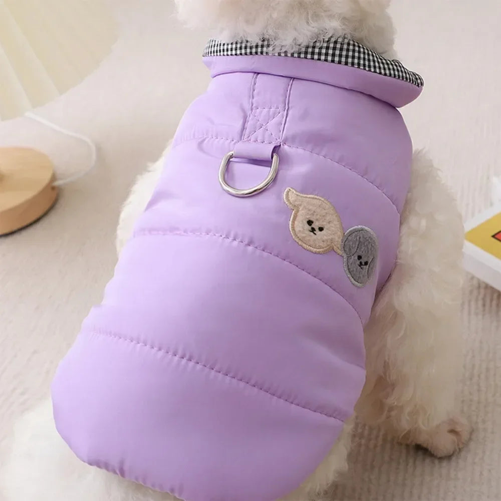 Purple dog coat with bear design on a white background